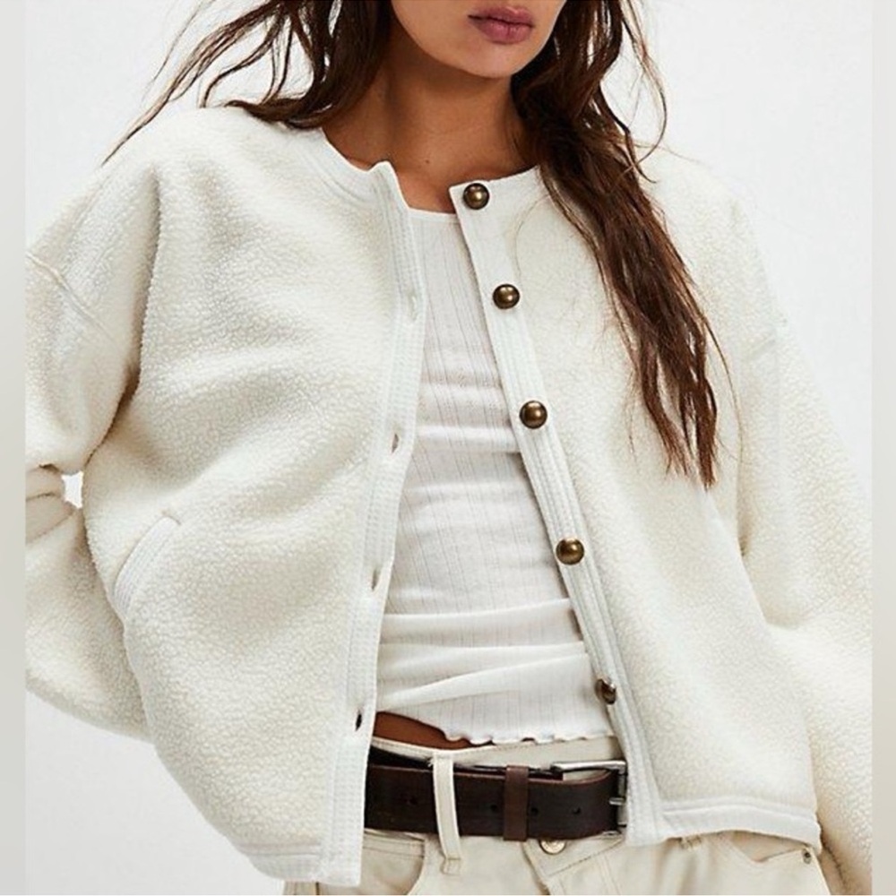 Free People Cream Teddy Jacket with Button Detail